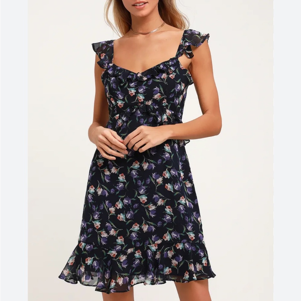 Lulu’s Navy Blue Floral Print Ruffled Dress
